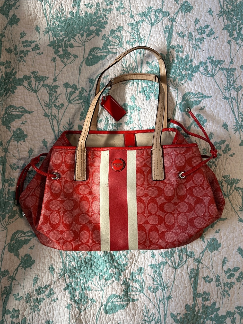 Coach Red Signature Stripe Shoulder Tote with Cream Handles